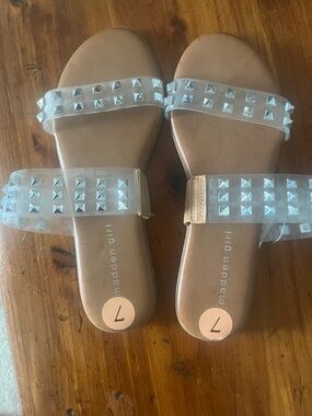 Madden Girl Tan Footbed Clear Studded Slide Sandals